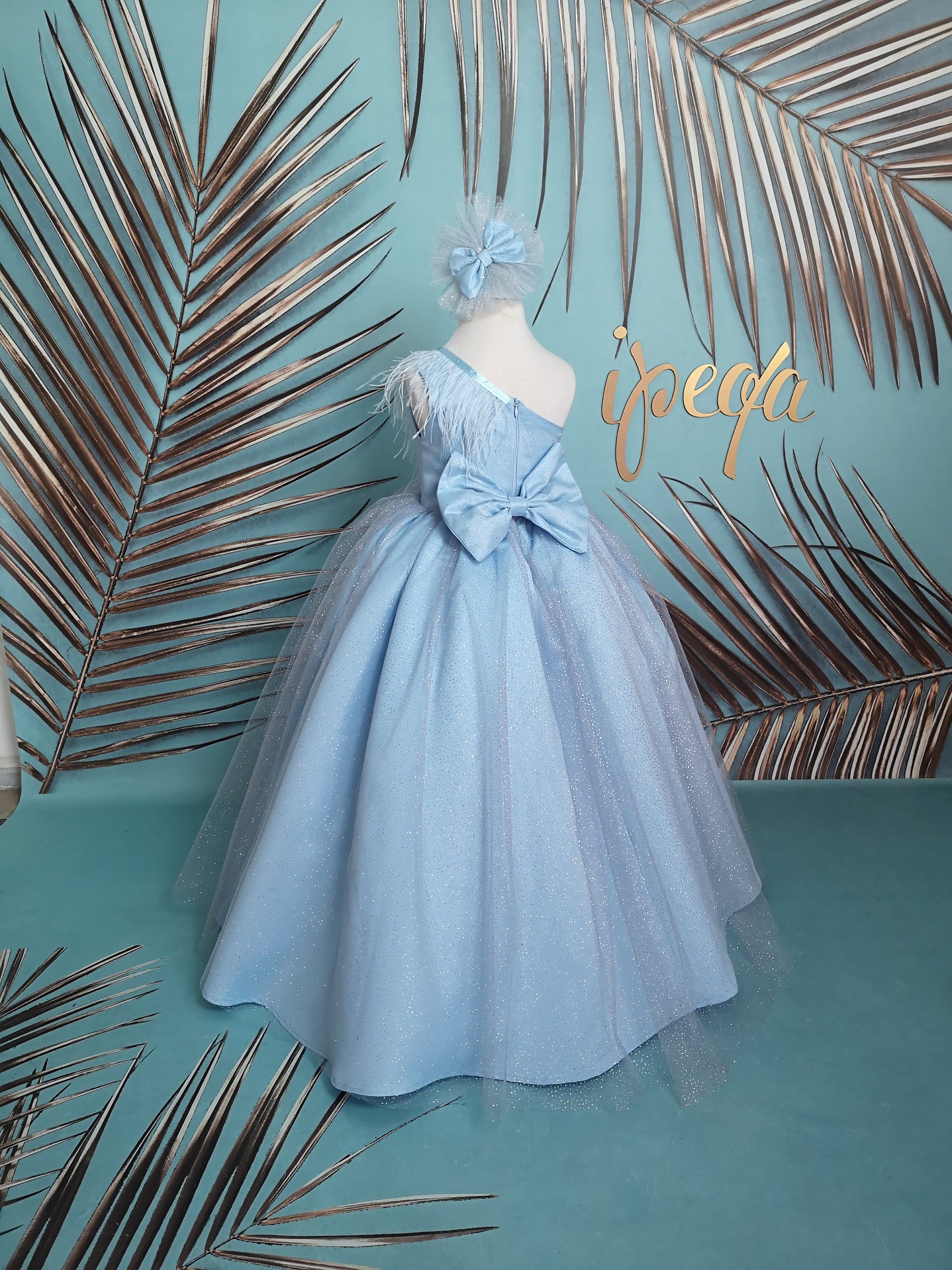 green emerald velvet dress Light Blue Long A-Line Prom Dress with Flowers Sky Blue / XSmall main image 1
