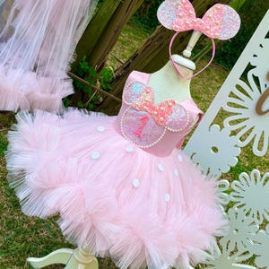 Può includere: Un abito tutu in tulle rosa con pois bianchi e un fiocco rosa con paillettes sul corpetto. L'abito è su un manichino bianco e ha un cerchietto rosa con orecchie di topo con paillettes in cima.