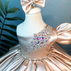Gold Floral Satin Princess Dress for Girls