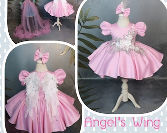 Angel's wing Birthday Outfit detachable long trail, Flower girl Dress, Toddler Pageant Dress, 1st birthday frock, Prom Gown, Kids Couture