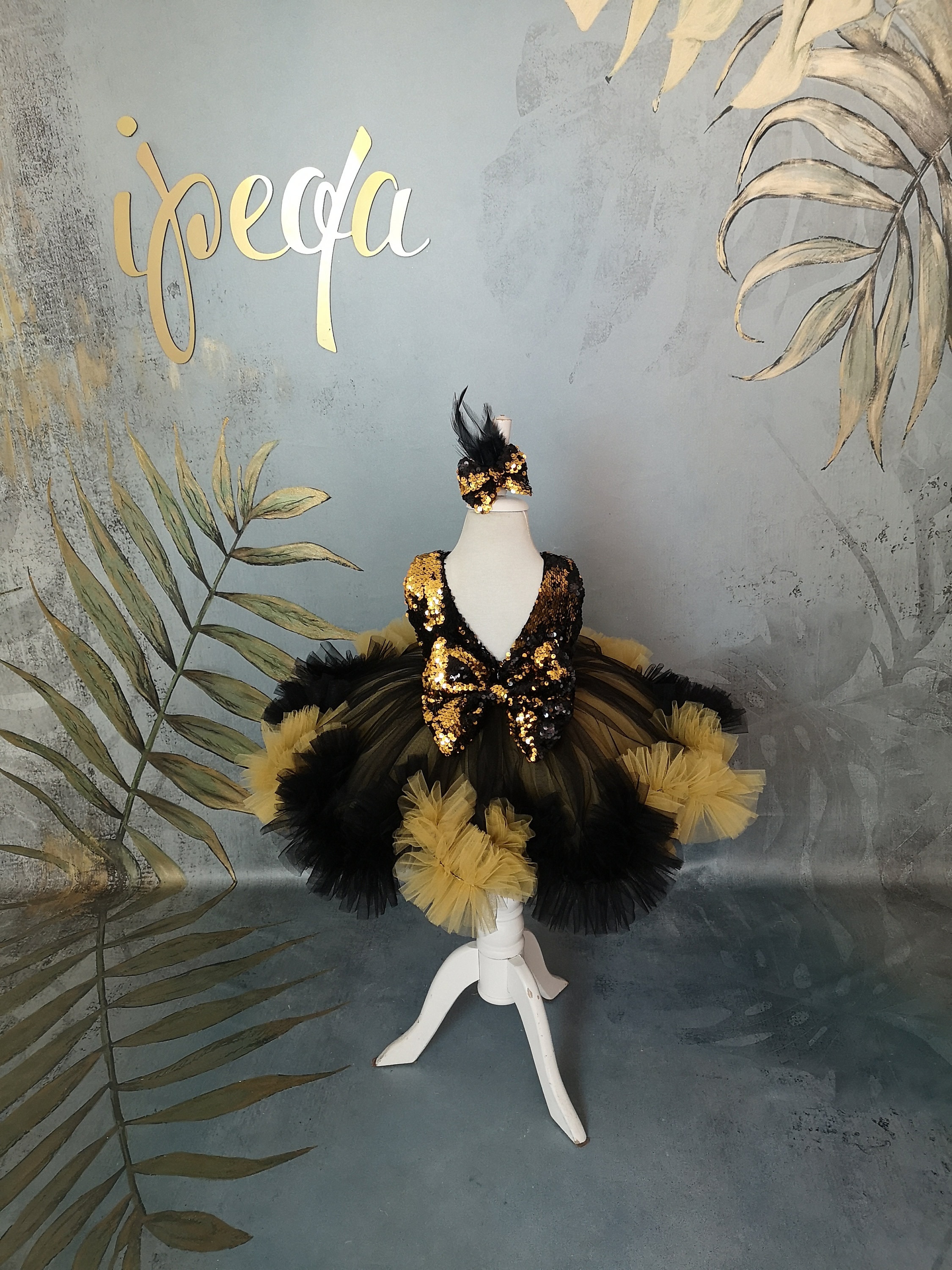 Black Gold Toddler Pageant Dress, Kids Prom Dresses & detachable train, Custom made little girl dress