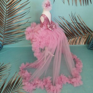 May include: A pink tulle dress with a sequined bodice and a large bow. The dress has a long train and is decorated with ruffles.