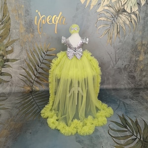 Neon Green Toddler 1st birthday Outfit, Baby Girl Tutu Pageant Dress, Kiddie Frock detachable train, Long Tail Kids Prom Grown, Minnie bride
