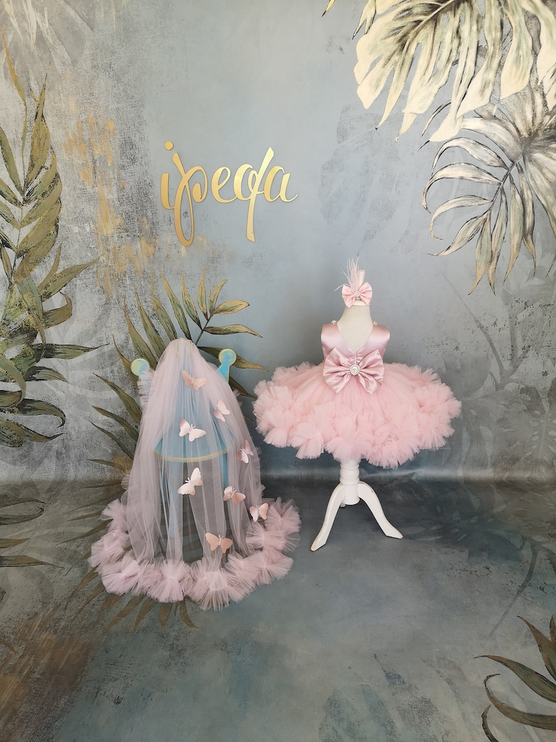 May include: A pink tulle dress with a satin bodice and a bow. The dress is on a white stand and has a veil with butterflies on it. The background is a gray wall with a gold leaf design.