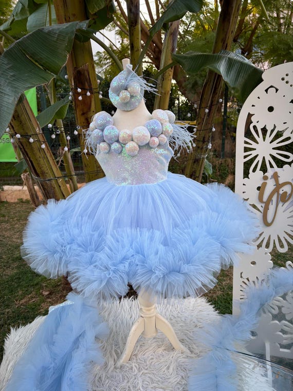 Light Blue Little Girl Tutu party Dress for special occasion with Detachable Train, Long Tail Toodler Prom Gown, Baby Girl Frock