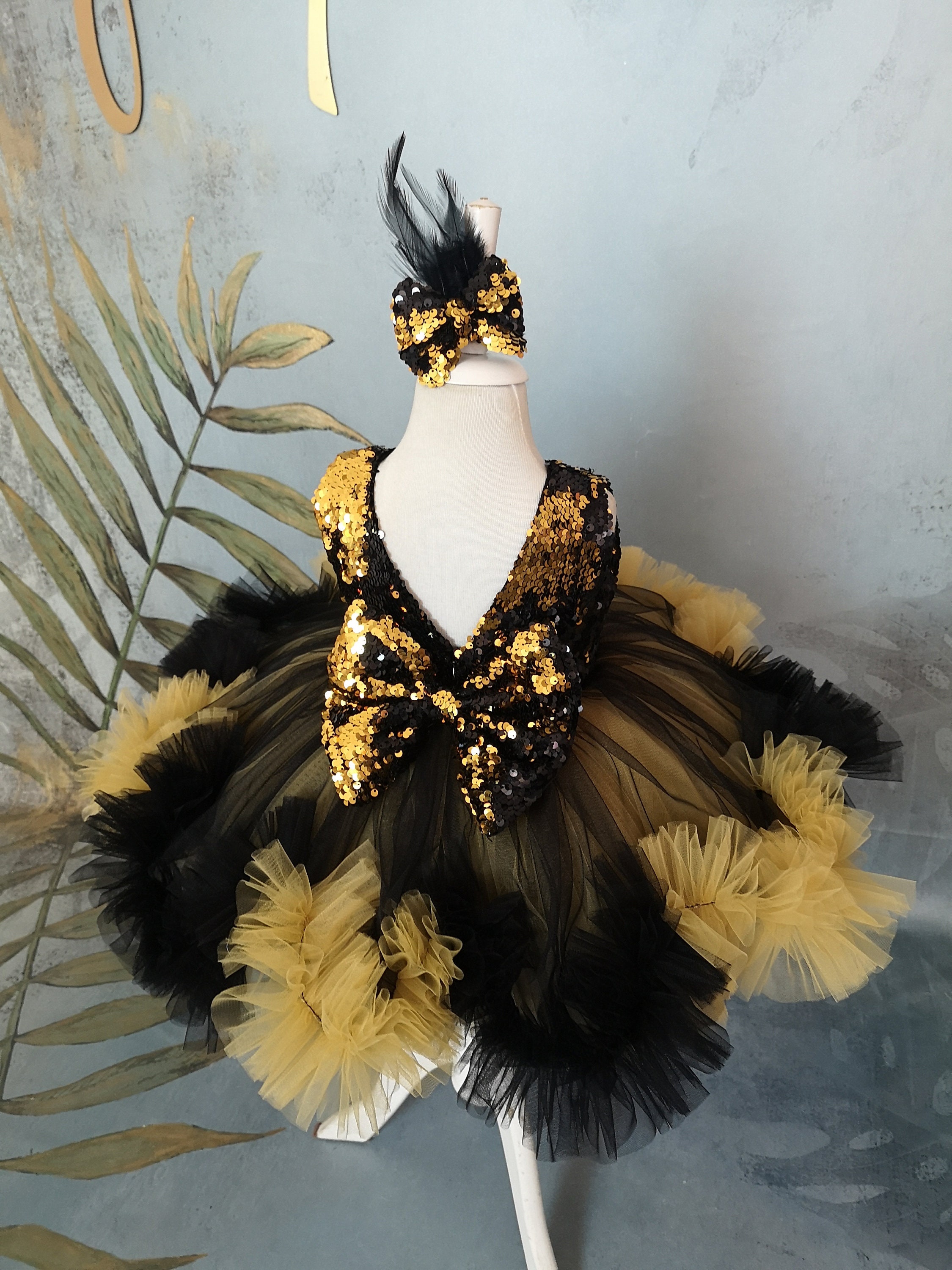 Black Gold Toddler Pageant Dress, Kids Prom Dresses & Detachable Train, Custom Made Little Girl Dress