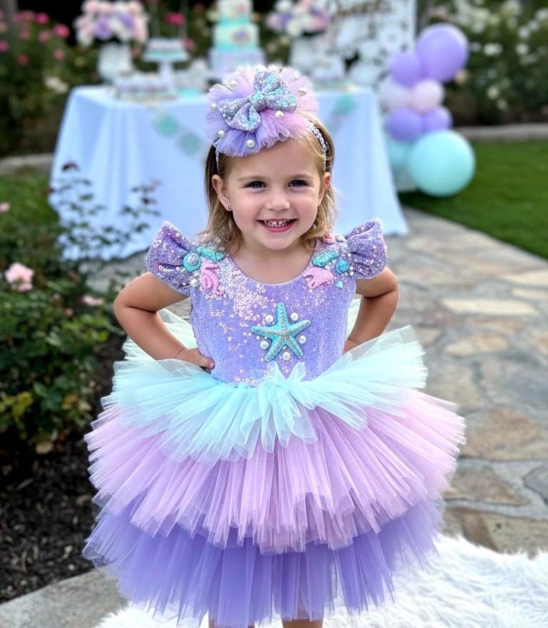 Mermaid Theme Toddler Birthday Tutu Dress, Under The Sea Costume, Custom Starfish Prom Gown