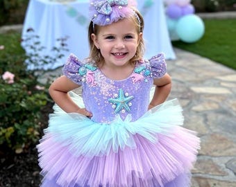 Mermaid theme toddler birthday tutu dress, Under the Sea Costume, Custom Starfish Prom Gown