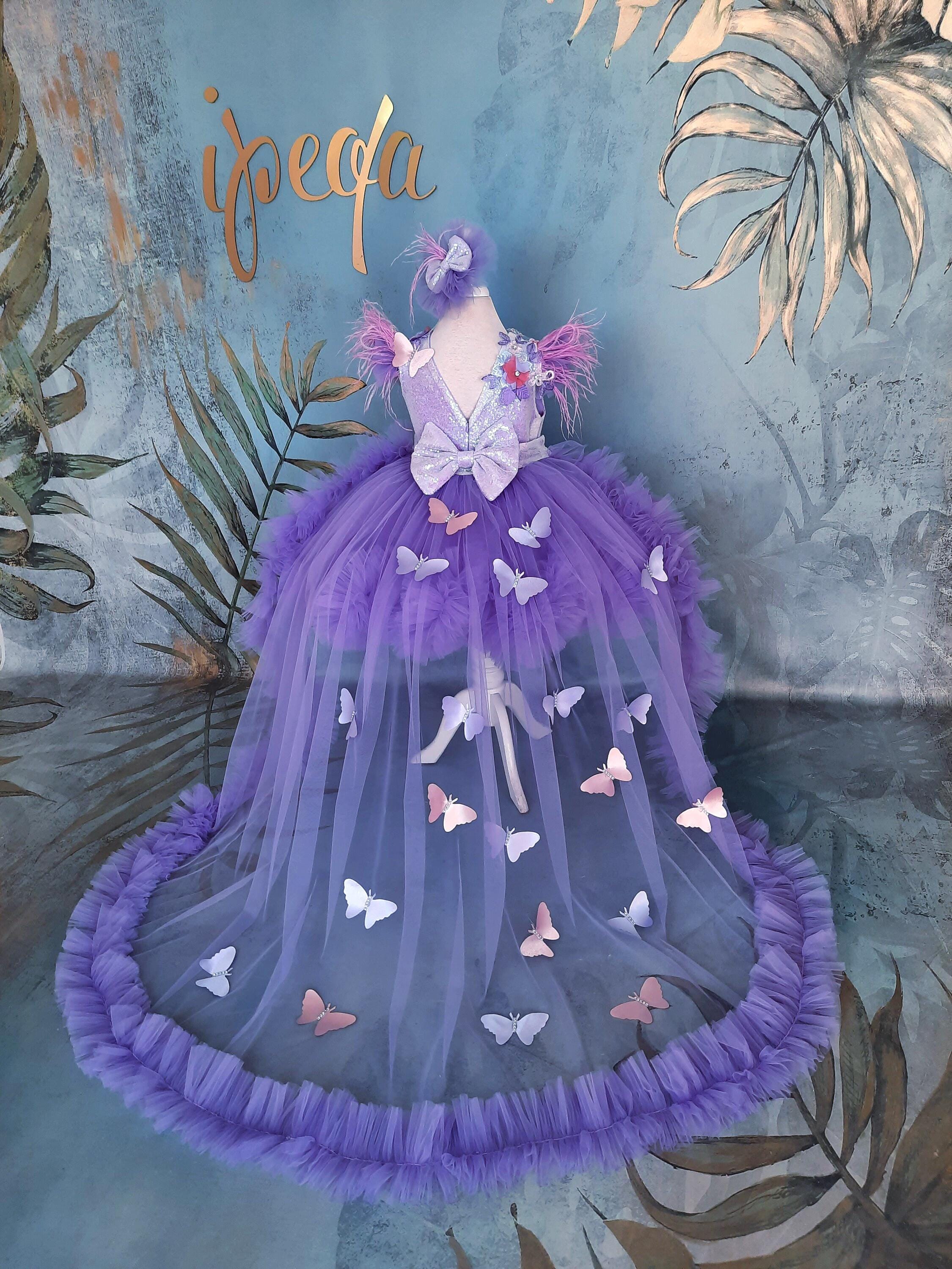 Lilac Purple Lace Butterfly Girl Birthday Outfit & Detachable Train, Flower  Girl Dress - Etsy