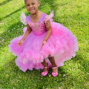 May include: A young girl wearing a pink tulle dress with a high-low hemline and feather accents. The dress is decorated with sequins and has a ruffled skirt. The girl is wearing pink shoes and has a flower in her hair.