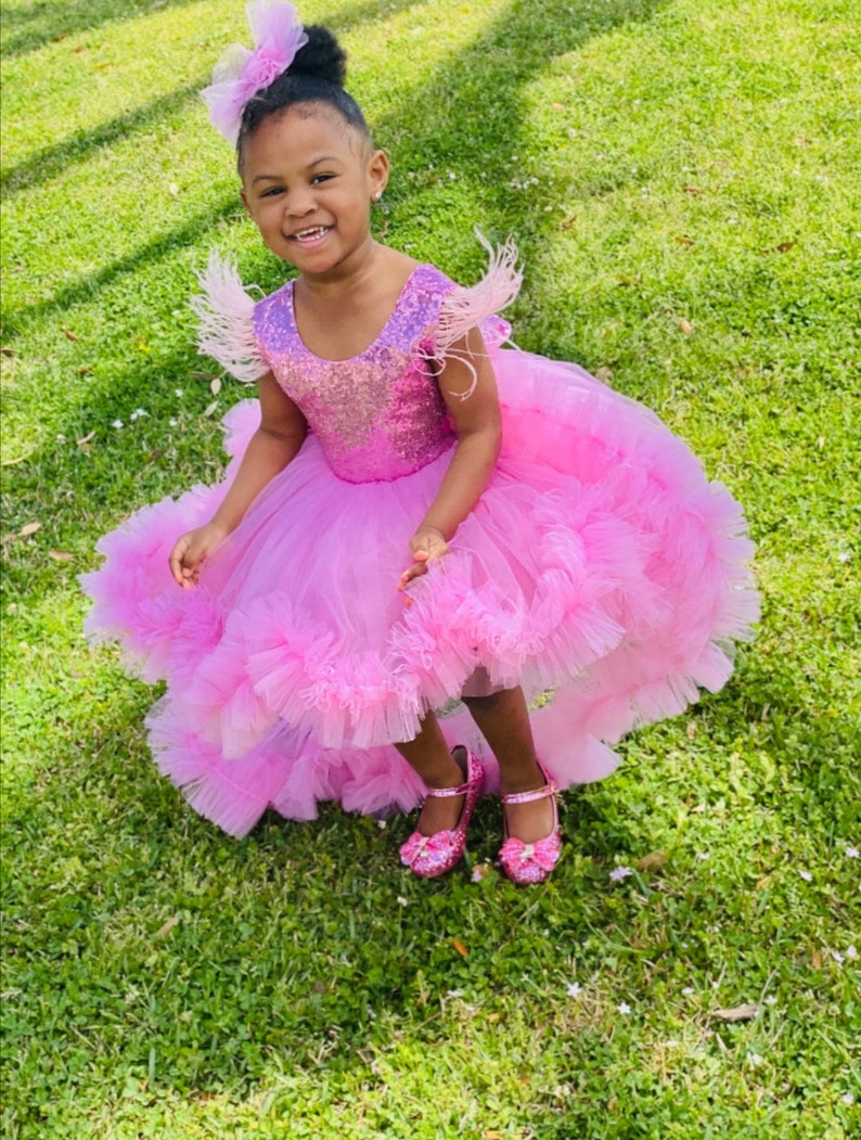 May include: A young girl wearing a pink tulle dress with a high-low hemline and feather accents. The dress is decorated with sequins and has a ruffled skirt. The girl is wearing pink shoes and has a flower in her hair.