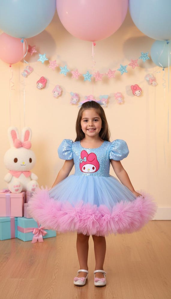 my melody birthday dress Inspired Baby Girl With an Extra Train Option pettiskirt FARM Rio Tropical Dream Silk Satin Colors:Purple 788 signature yellow bow and