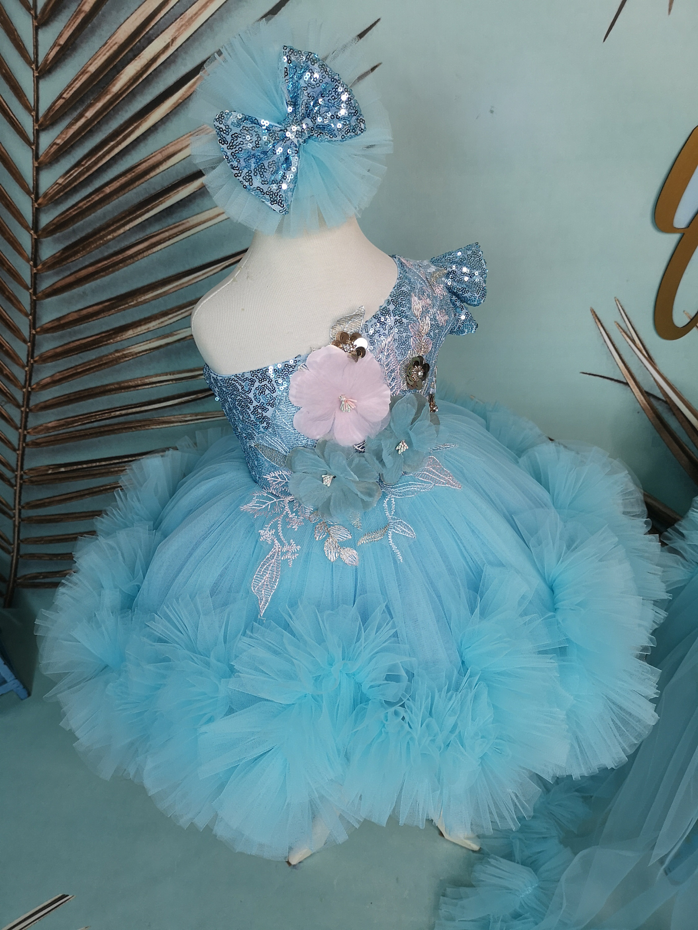 Tulle Kid Prom Dresses 2019 Turquoise Lace Toddler Prom Dress With  Detachable Train, Long Tail Little