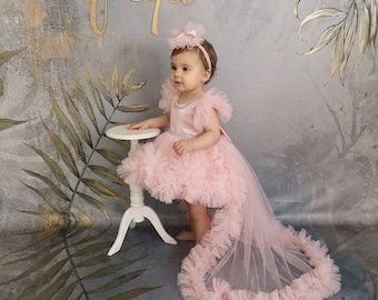 Girl Gown with Chrystals and Detachable Long Tail, Luxury Baby Girl Pageant Vesture
