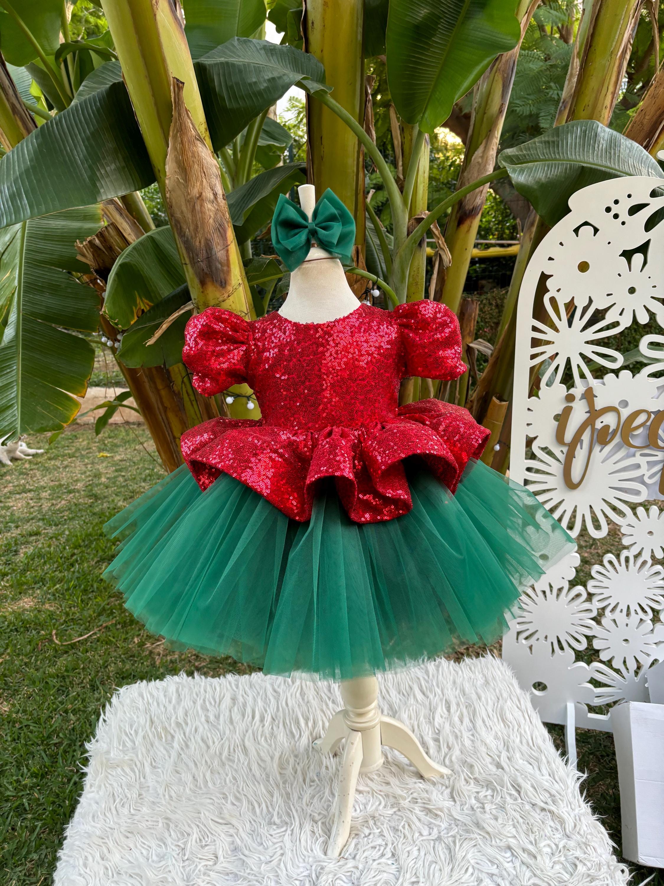 Christmas Flower Girl Dress, Noel Red Green Sequined Costume, Luxury Toddler Frock, Birthday Outfit, Princess Vesture, Kid Gown