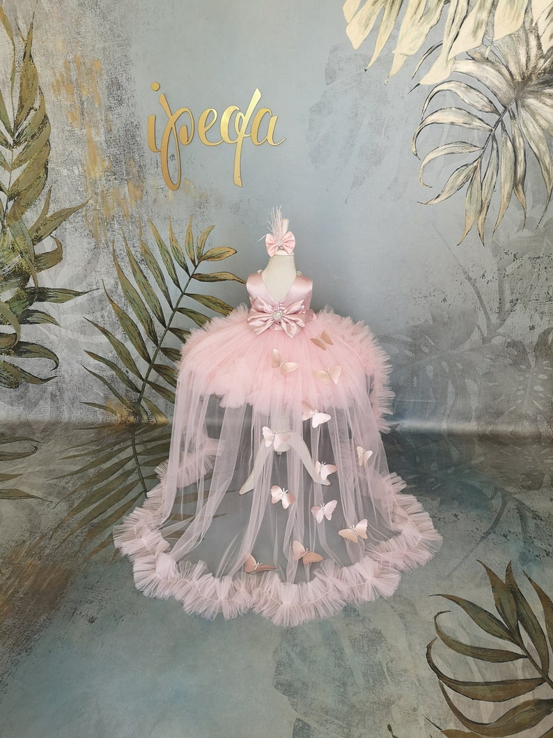 Baby Butterfly Dress, Girl Prom Gown Rhinestones & Detachable Train, Pageant Frock, Flower Girl Dress image 10