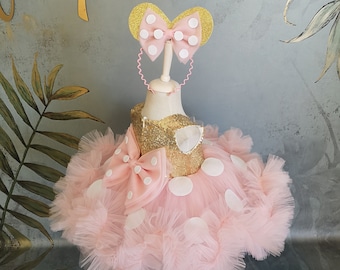 Minnie Mouse Inspired Baby Costume Set, Pink Gold Flower Girl Dress, Mickey Mouse inspired 1st birthday theme Outfit Toddler Pageant dresses