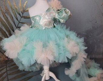 Mint Green Toddler Pageant Dress & detachable long Tail, Kids Couture Prom Gown