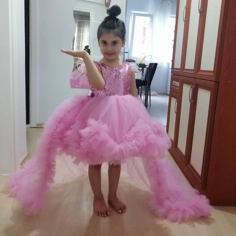 Flower Girl Dress with detachable train, Long Tail Girl pageant Party Frock, Custom Kids Couture image 2