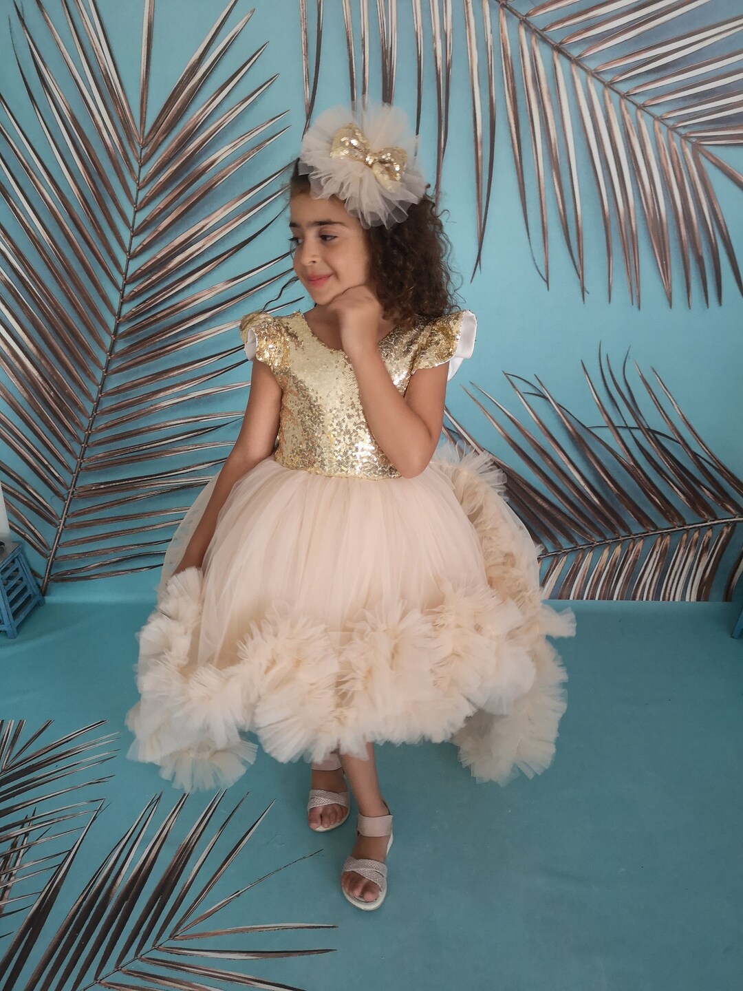 Cupcake Princess Flower Girls Dress with Train Cute Gown for Wedding Kids Tutu Dresses