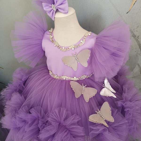 Lilac Girl Prom Gown Chrystals and Butterfly & Detachable Train, Baby Pageant Vesture, Flower Girl Dress, Toddler Frock, 1st Birthday Outfit