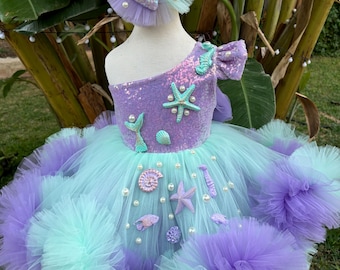 Mermaid 1st birthday tutu dress included detachable tail, Under the Sea Costume, Custom Starfish Prom Gown, Baby Pageant Dress, Flower Girl