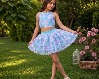 Kids Blue Tulle Flower Crop Top and Skirt Set, Baby Girls Two-Piece outfit for pageants