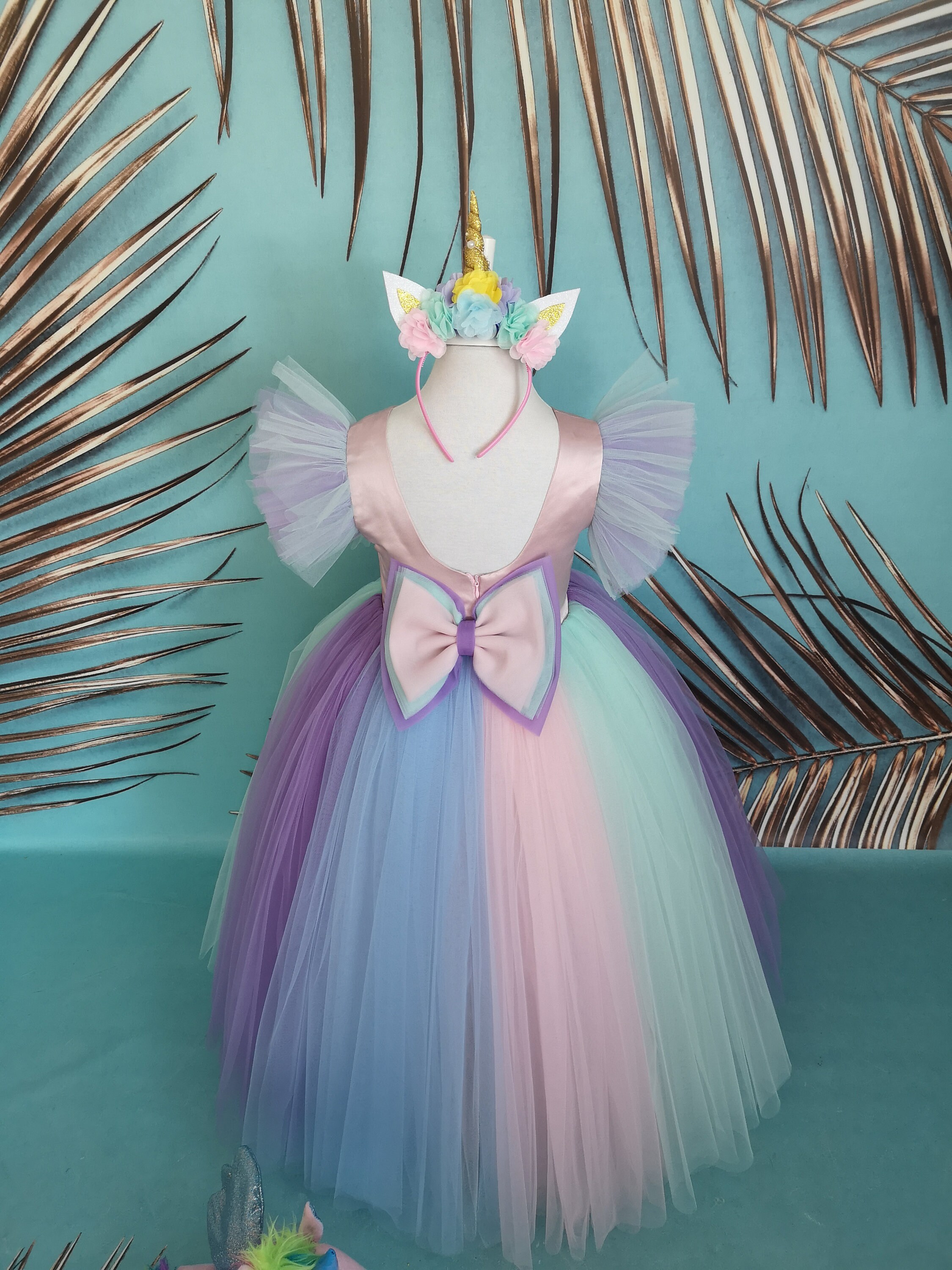Puffy Ankle Unicorn Birthday Pageant Dress Set & Headband, Pony Theme Colourful Costume