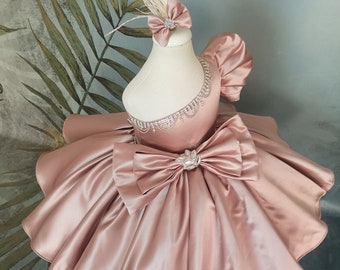 Rose Gold Puffy Satin Baby Girl Pageant Costume with Rhinestones