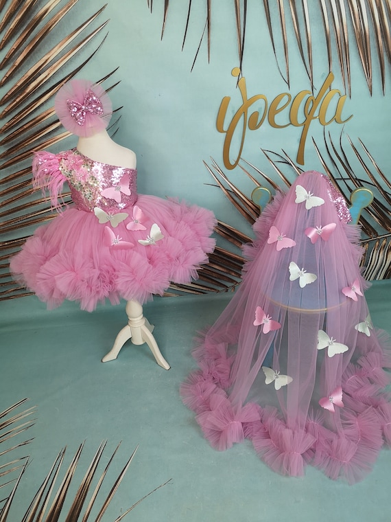 Traje de desfile de nina de encaje rosa caliente con mariposas vestido de fiesta de mariposa de cola larga vestido de nina de las flores novia Minnie vestido infantil hinchado Etsy