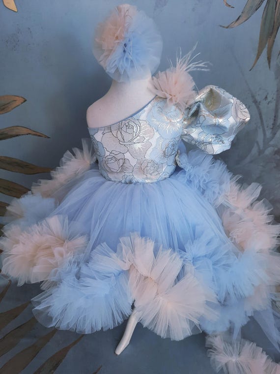 Light Blue Toddler Fancy Outfit & Detachable Long Tail, Flower Girl Dress, 9-16 Year Pageant Costume