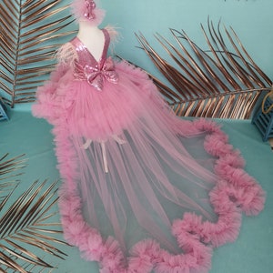 May include: Pink tulle dress with a sequined bodice and a large pink bow. The dress has a long train with ruffled edges.