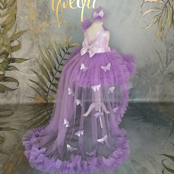 Sequin Lilac Girl Gown with Butterflies & Detachable Train, 1st Birthday Pageant Vesture, Flower Girl Dress, Toddler Frock, Birthday Outfit