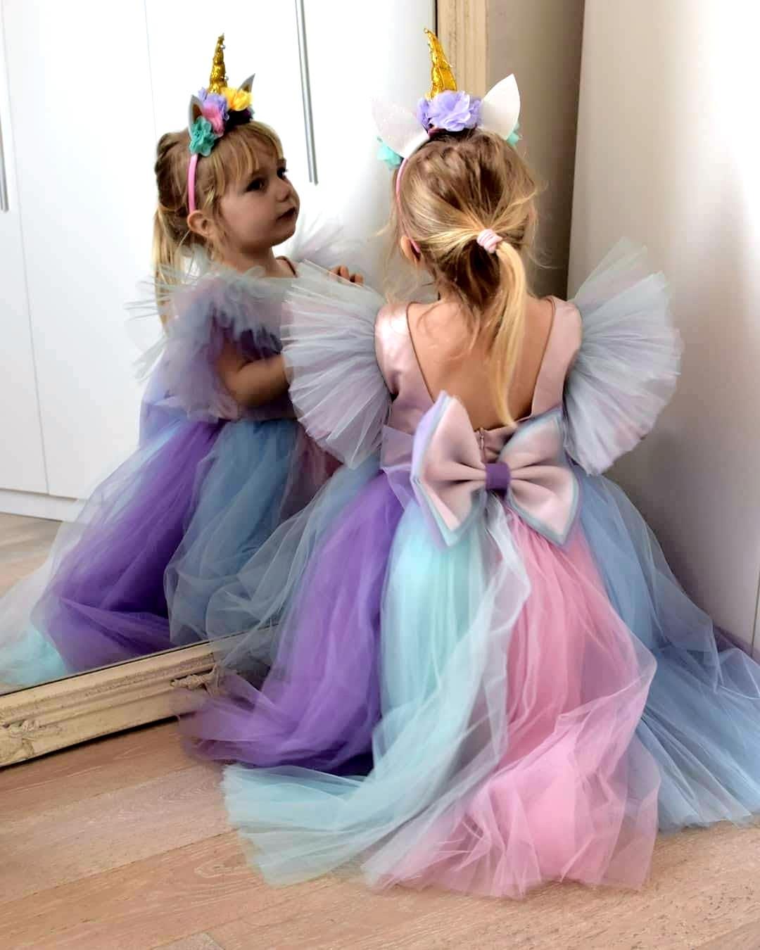 unicorn birthday dress Long Tail Pageant with Headband, Rainbow Tulle Gown Color:Other Fantasy Wedding Dress A-Line on your party if UK-Wedding Dress-1