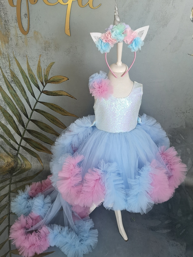 Long Tail Girl Mermaid Dress, Baby Pageant Outfit with detachable train image 7