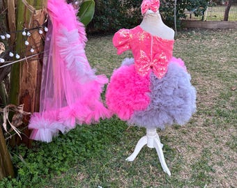 Luxurious Pink & Gray Puffy Tulle Dress | Girls’ Couture Sneaker Ball Gown | Custom Birthday Party Dress