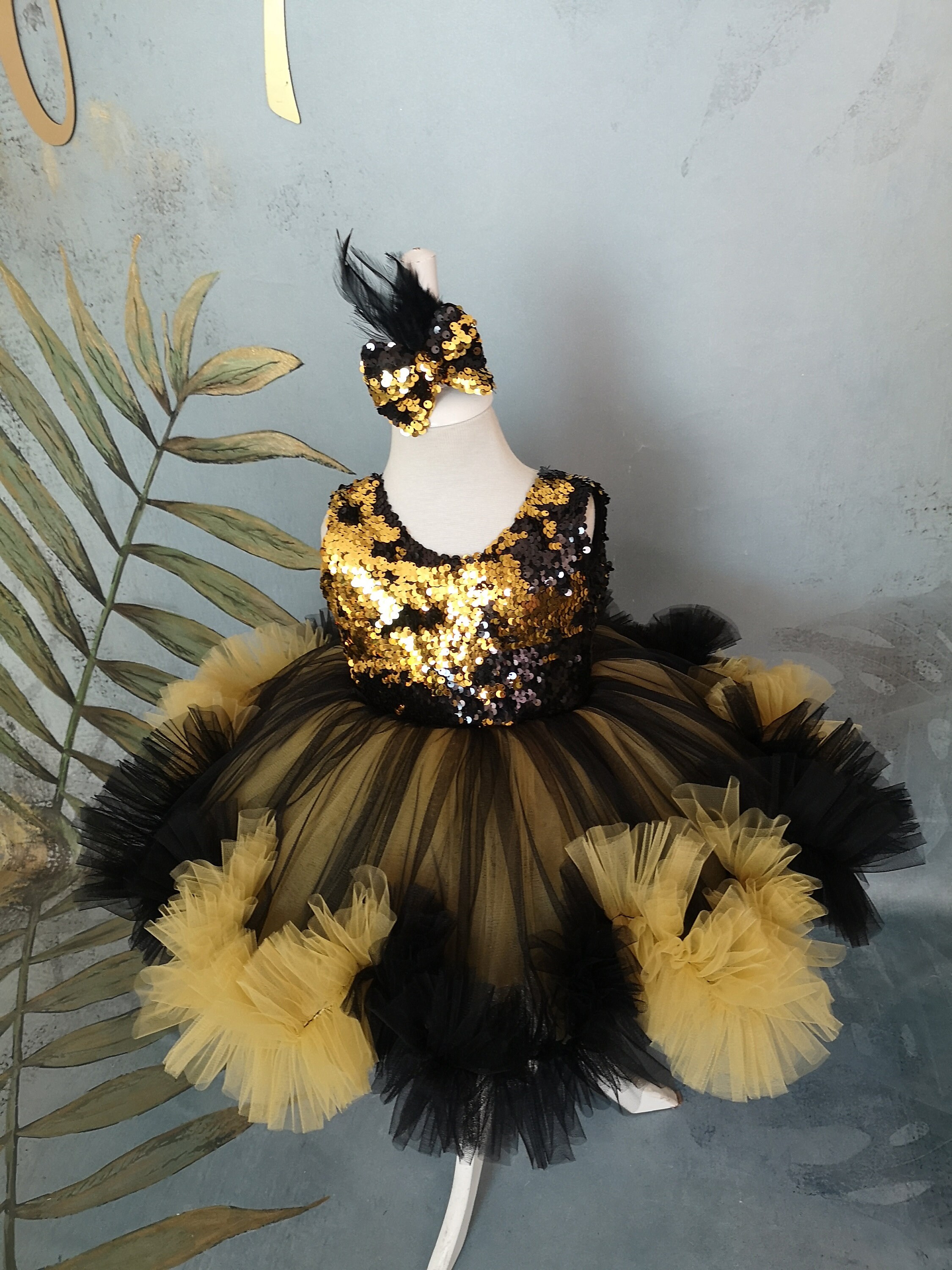 black and gold pageant dress Gold Rhinestones Black Sequined Trumpet Prom Dress main image 1