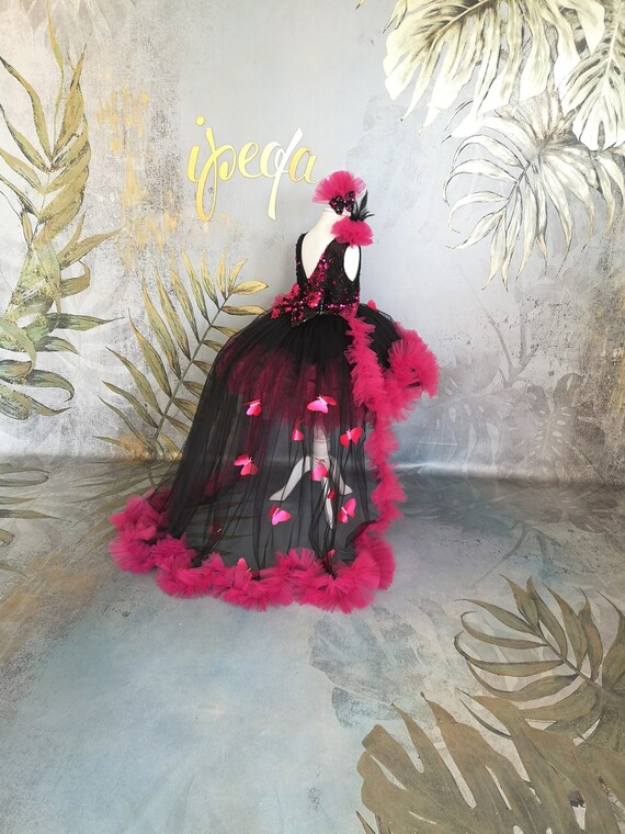 Butterfly Sequined Dark Pink Girl Gown and Detachable Train & Butterflies,  Baby Pageant Vesture - Etsy