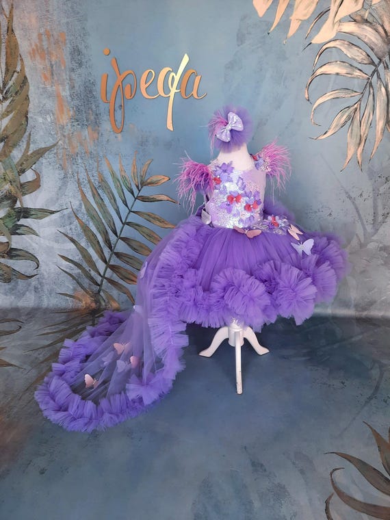 Lilac Purple Lace Butterfly Girl Birthday Outfit & Detachable Train, Flower  Girl Dress - Etsy