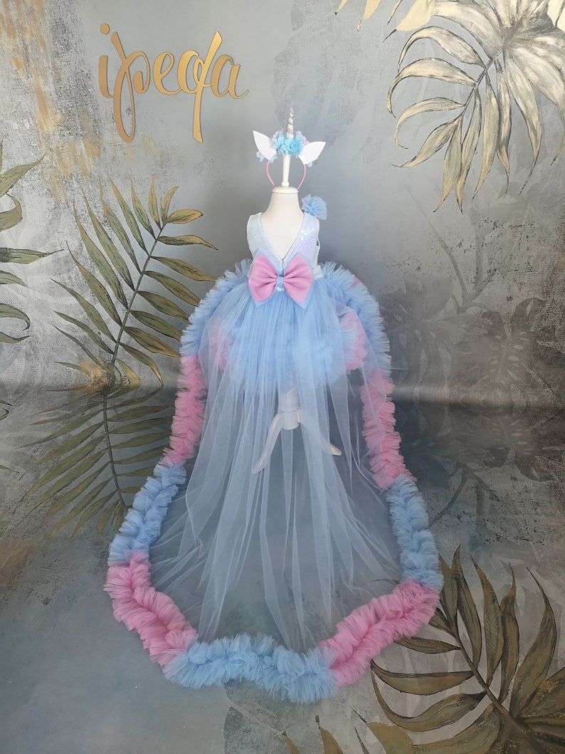 Long Tail Girl Mermaid Dress, Baby Pageant Outfit with detachable train image 9