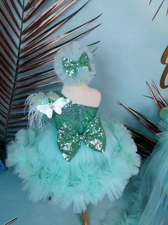 Light Green Prom Gown with Butterflies Detachable Train, Long Tail Baby Butterfly Pageant Dress, Flower girl Birthday Outfit, Toddler Frock