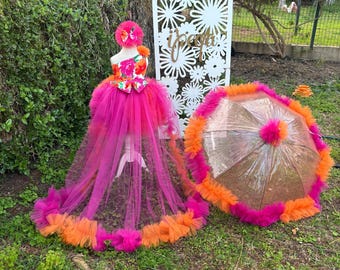 Hot Pink and Orange Toddler Prom Gown, Fushia Pageant Dress for special occasion with Detachable Train, Umbrella is not included