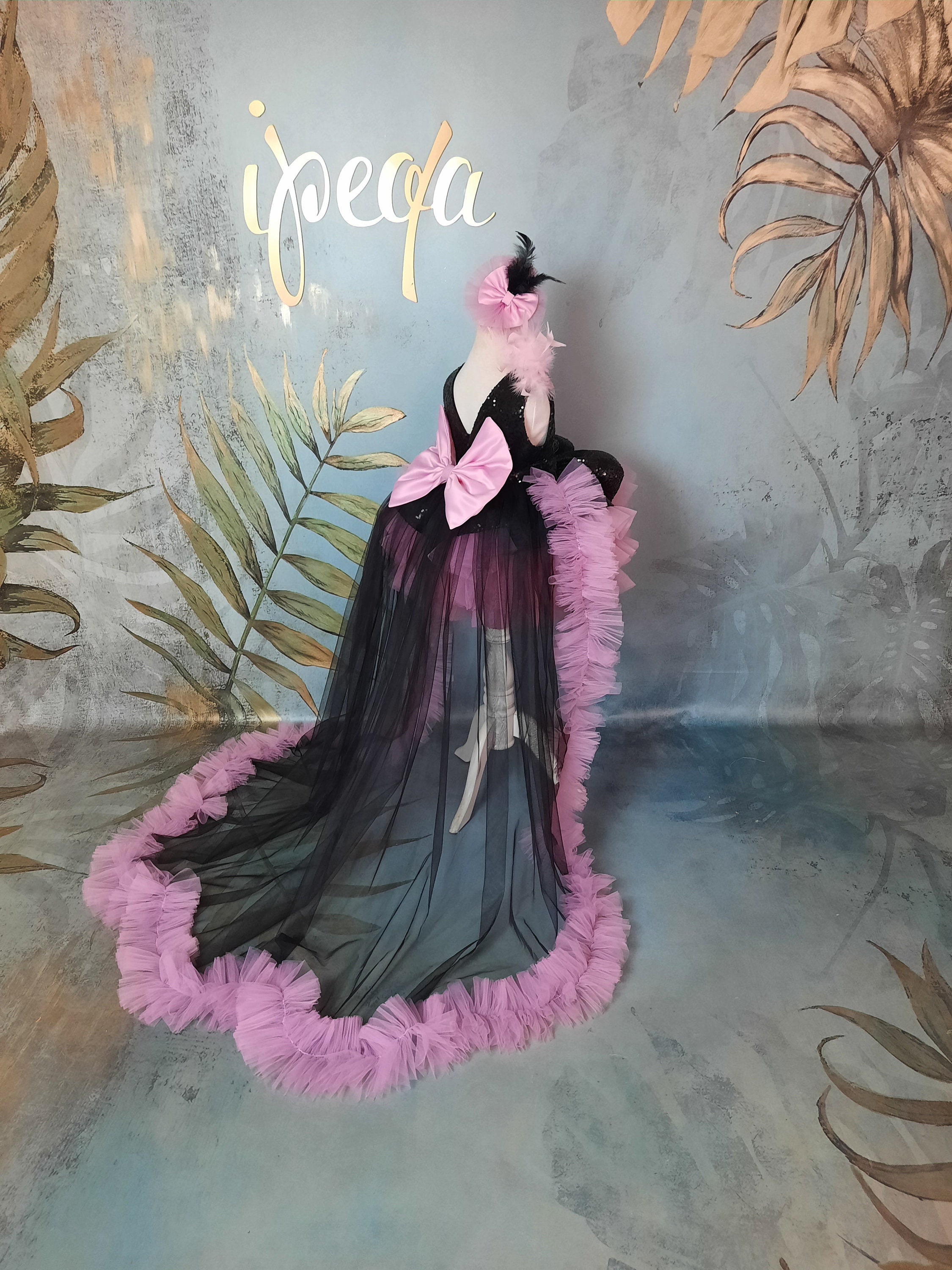 Custom Pink and Black Sequin Flower Girl Dress, Long Tail Pageant Gown