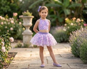 Lavender Tulle Flower Crop Top and Skirt Set, Baby Girls Two-Piece Crop Top and Skirt for birthday parties