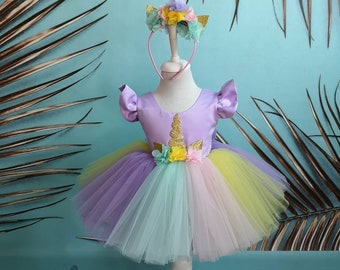 Unicorn Birthday Dress Set includes Hair Band, Colourful Pony Costume, Rainbow Babygirl Tutu, Unicorn Theme Birthday Gown, Customize Unicorn