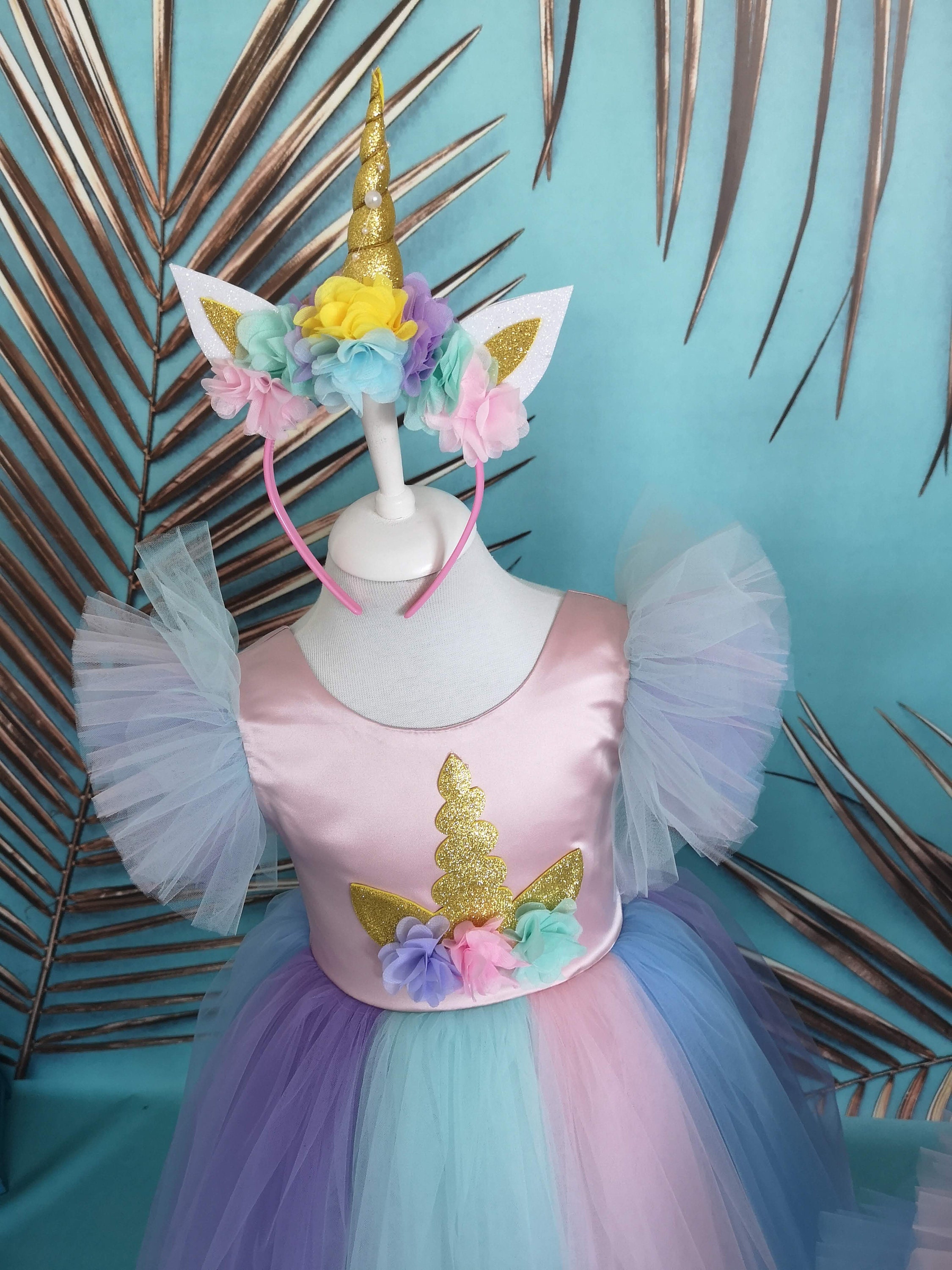 Little Pony frock, Rainbow Baby girl Outfit, Unicorn Theme Birthday Gown Set & Headband, Long Unicorn Pageant Dress, Unicorn Theme Toddler
