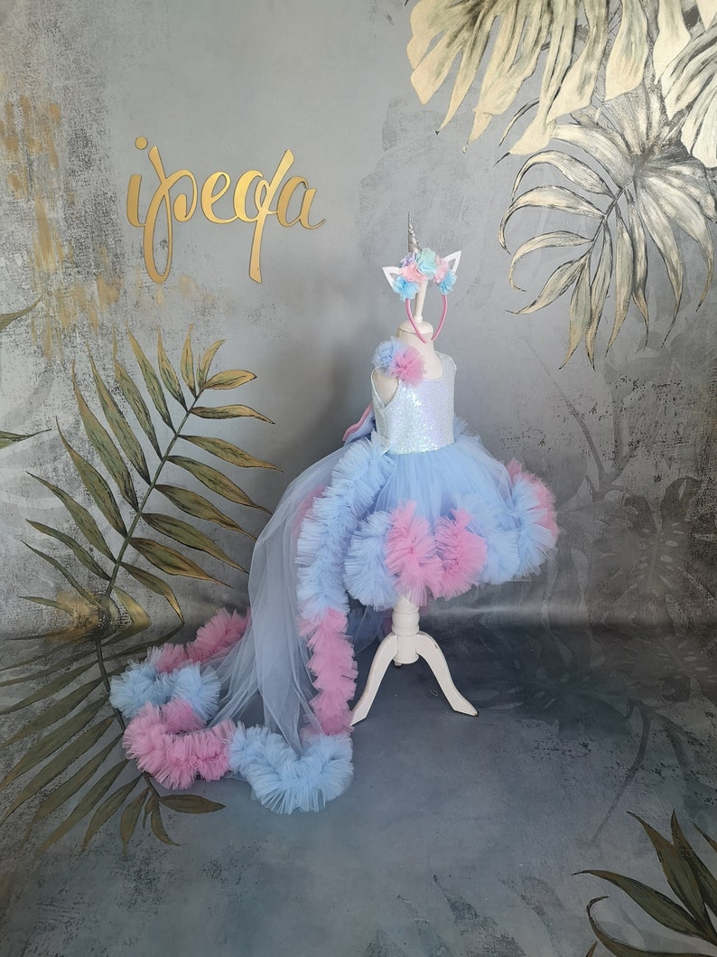 Long Tail Girl Mermaid Dress, Baby Pageant Outfit with detachable train image 8