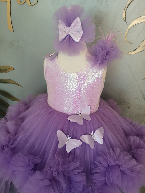 Vestidos De Tul Para Niña De Flores Para Boda, Cuello En V, Vestidos De Primera Comunión, Vestido De Fiesta AR218, Lavanda 1
