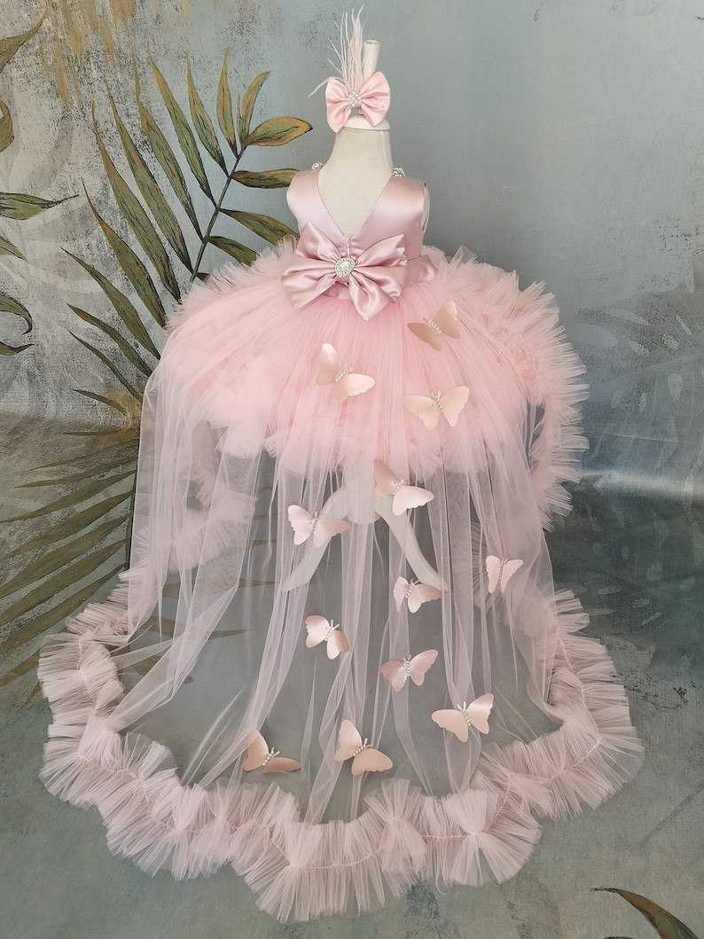 May include: A pink tulle dress with a satin bodice and a large bow. The dress has a long train with butterfly appliques.