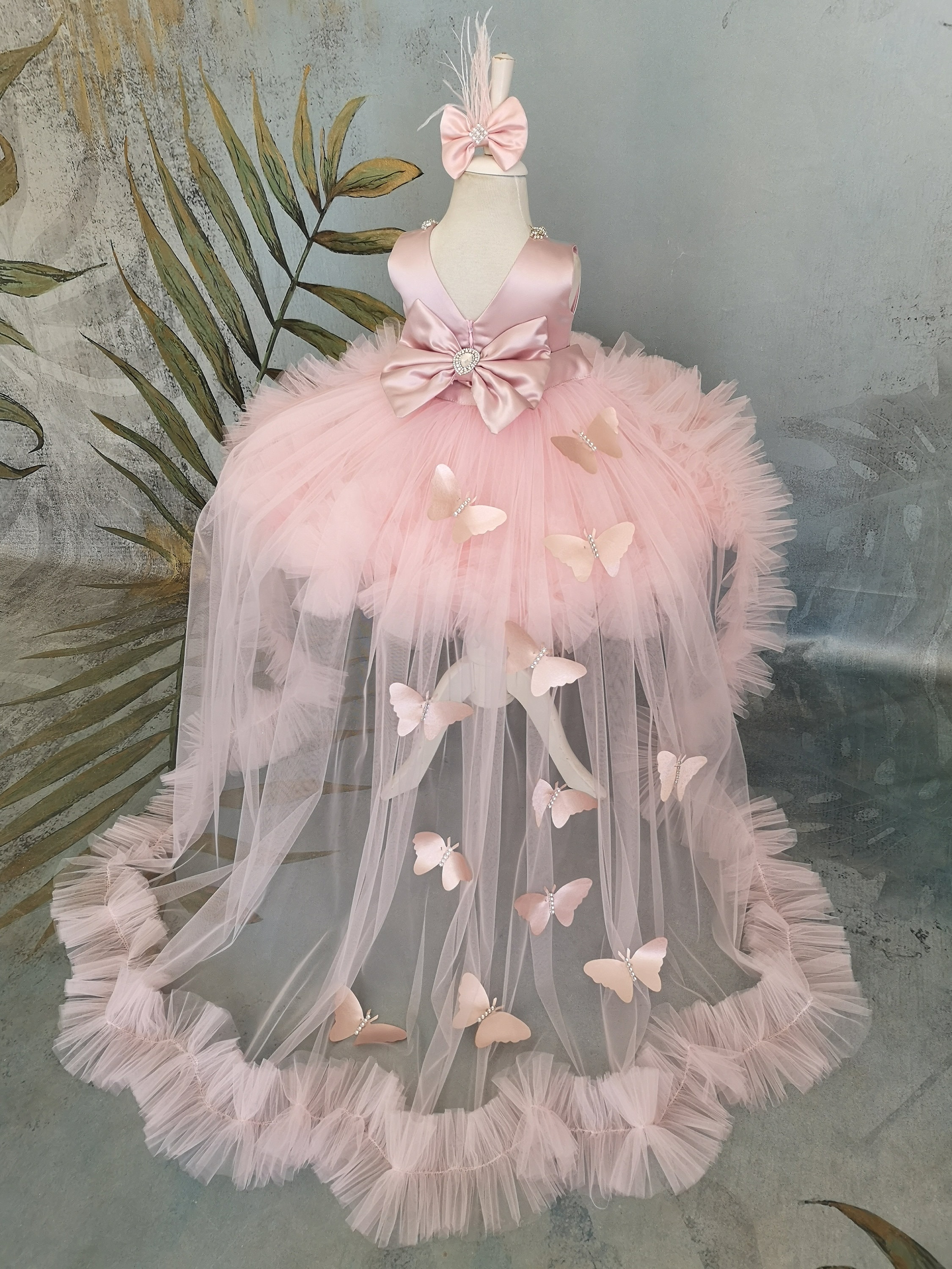 Abito Da Principessa Per Bambina Con Farfalla, Maniche Corte, Scollo A V, Tulle Tutù, Elegante Per Matrimoni E Feste